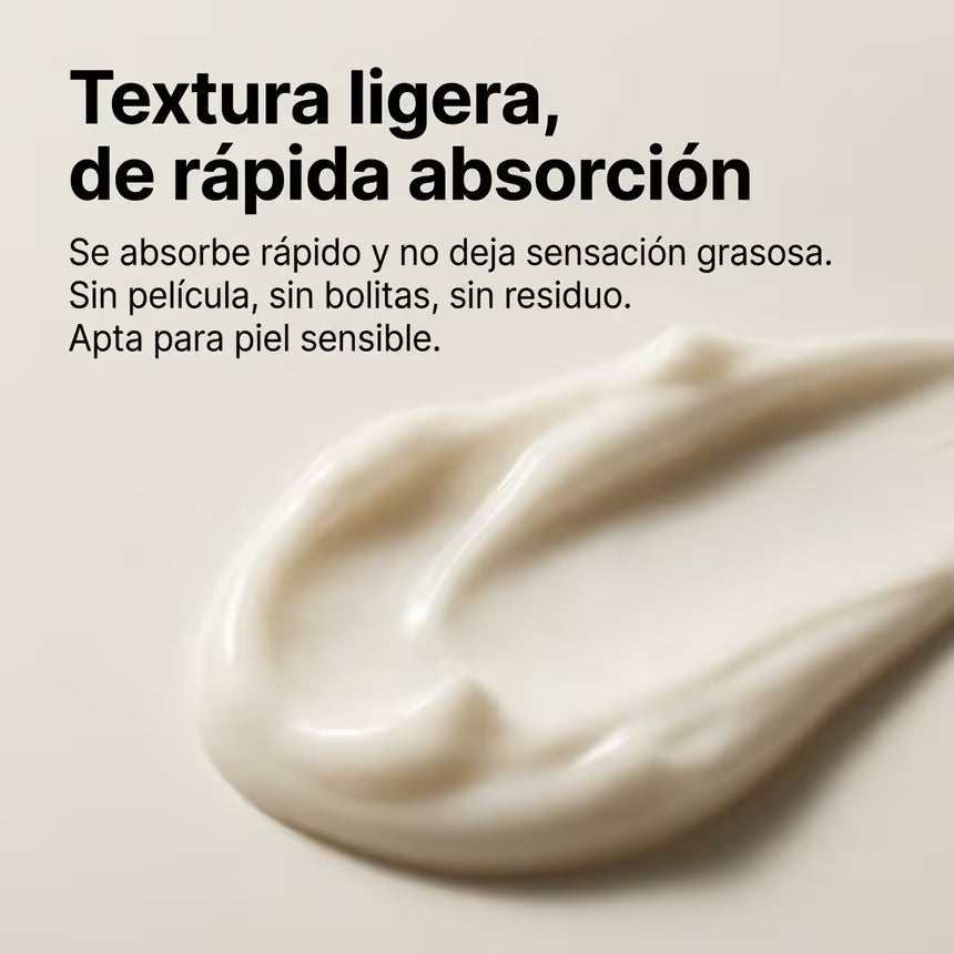 Textura ligera de rápida absorción, apta para piel sensible