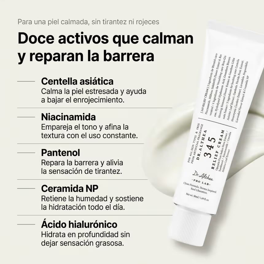 Los doce activos de la crema Dr. Althea 345: centella asiática, niacinamida, pantenol, ceramida y ácido hialurónico