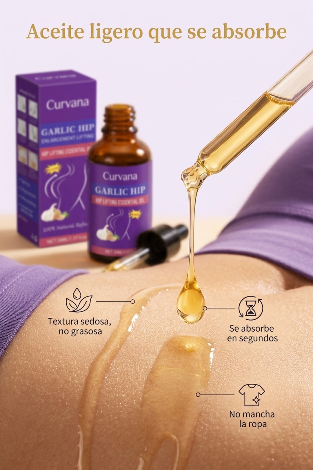 Textura ligera de aceite dorado que se absorbe en segundos