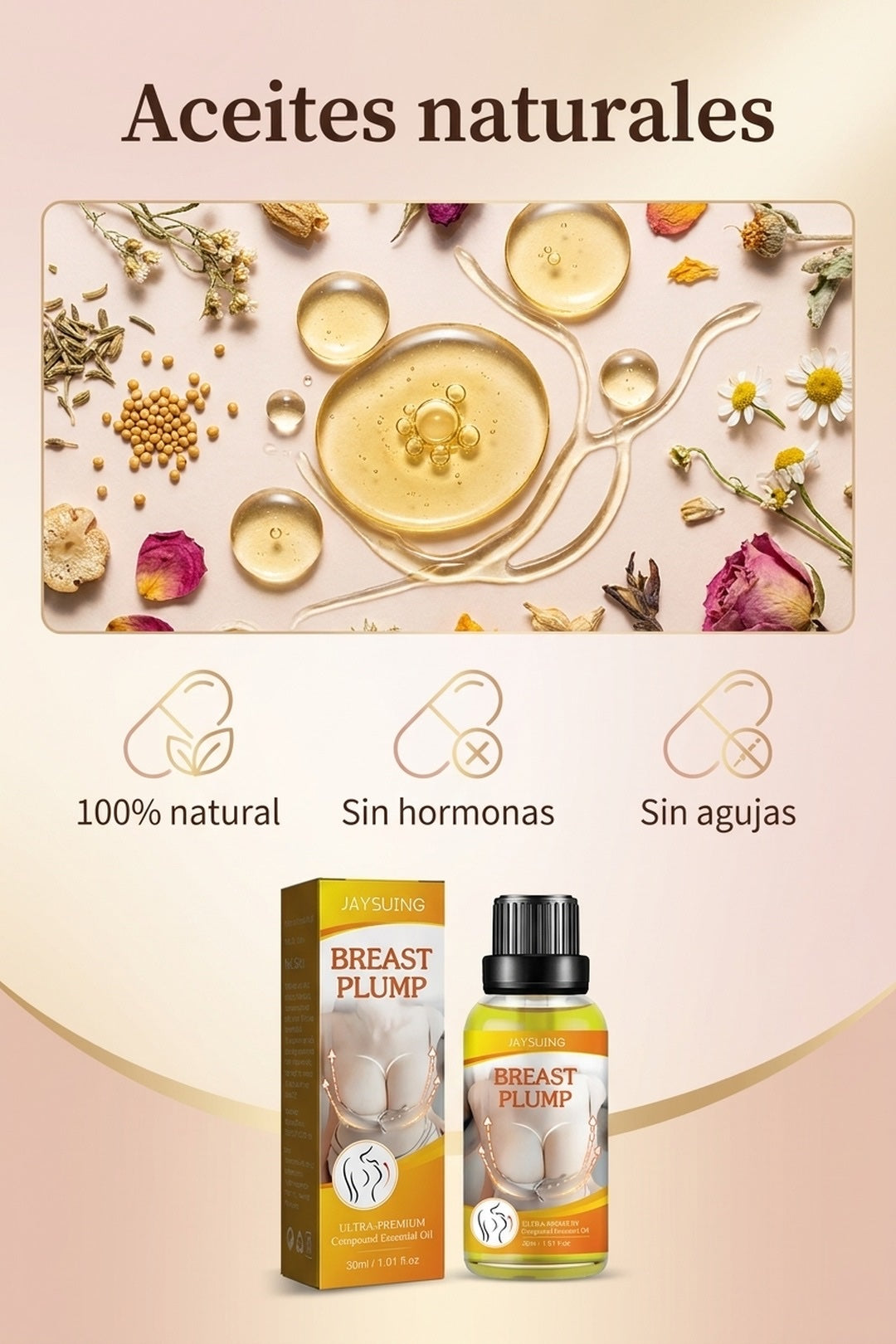 Ingredientes: aceites naturales, sin hormonas, sin agujas