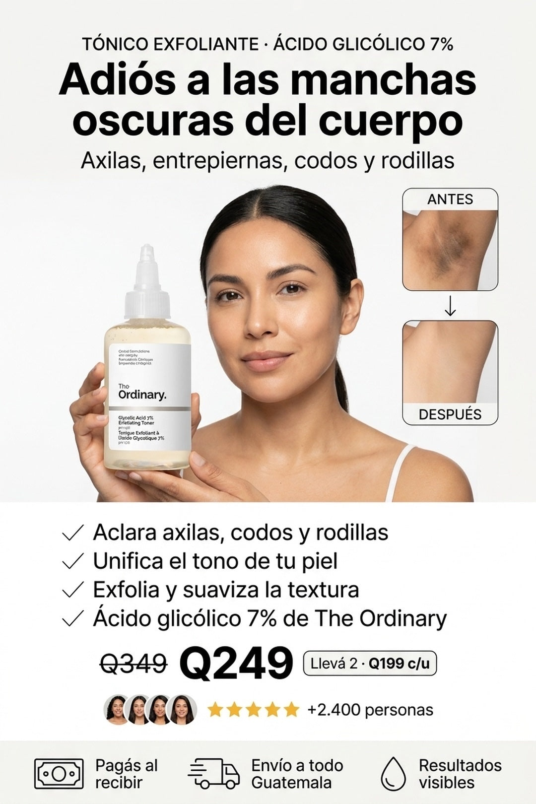 Ácido Glicólico 7% · aclara axilas, entrepiernas, codos y rodillas