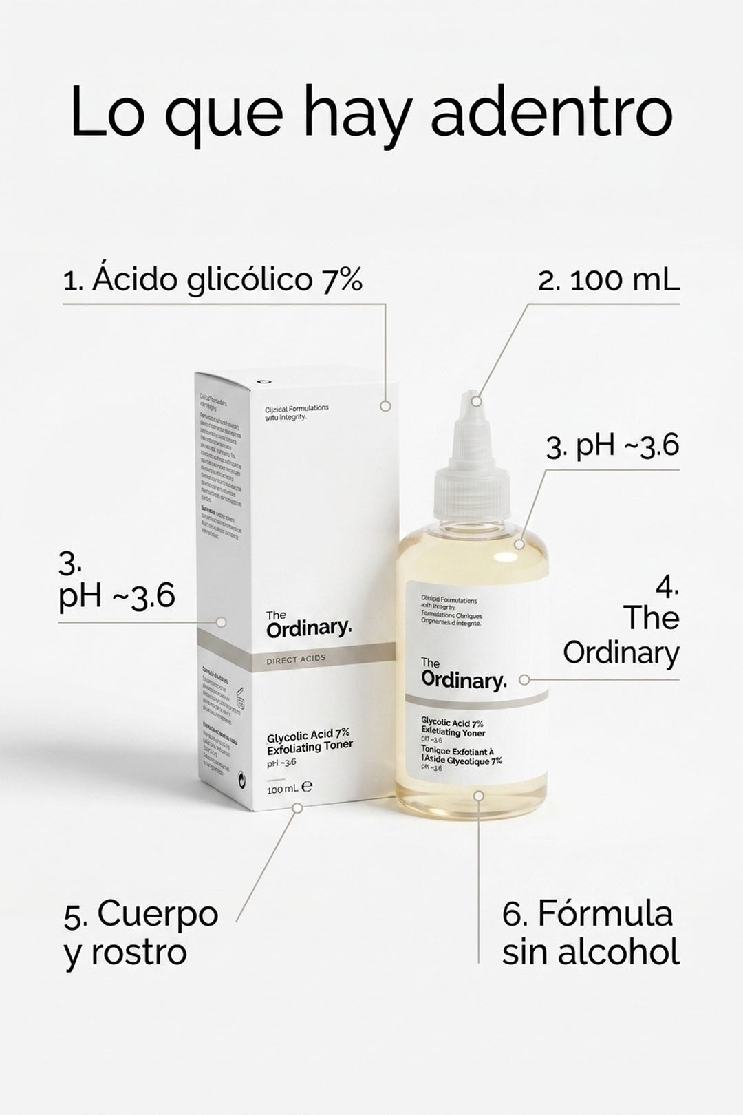 Ficha: ácido glicólico 7%, 100 mL, pH 3.6, The Ordinary