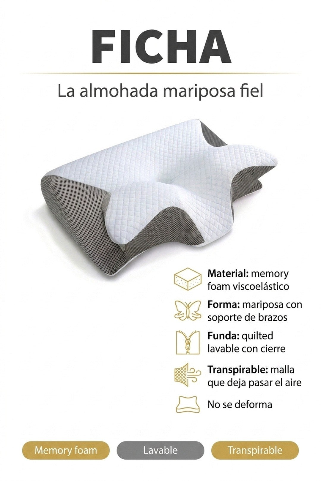 Ficha: memory foam 3D, funda lavable, transpirable, hipoalergénica