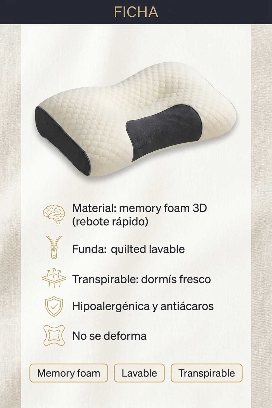 Ficha: memory foam 3D, funda lavable, transpirable, hipoalergénica