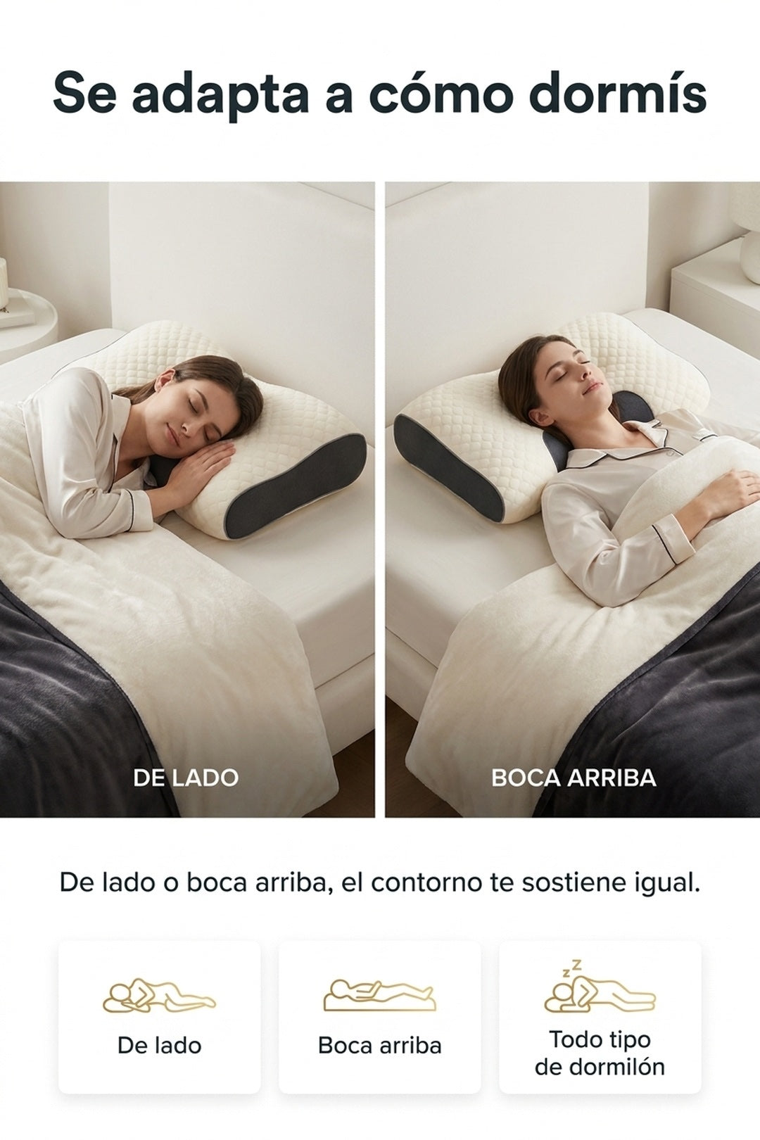 Se adapta a cómo dormís: de lado o boca arriba