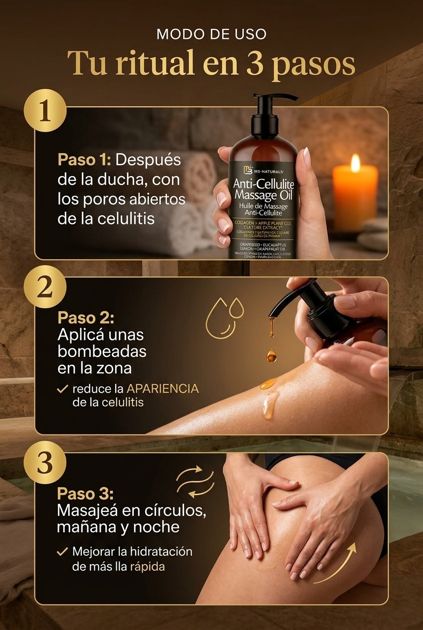 Modo de uso del aceite anti-celulitis en 3 pasos