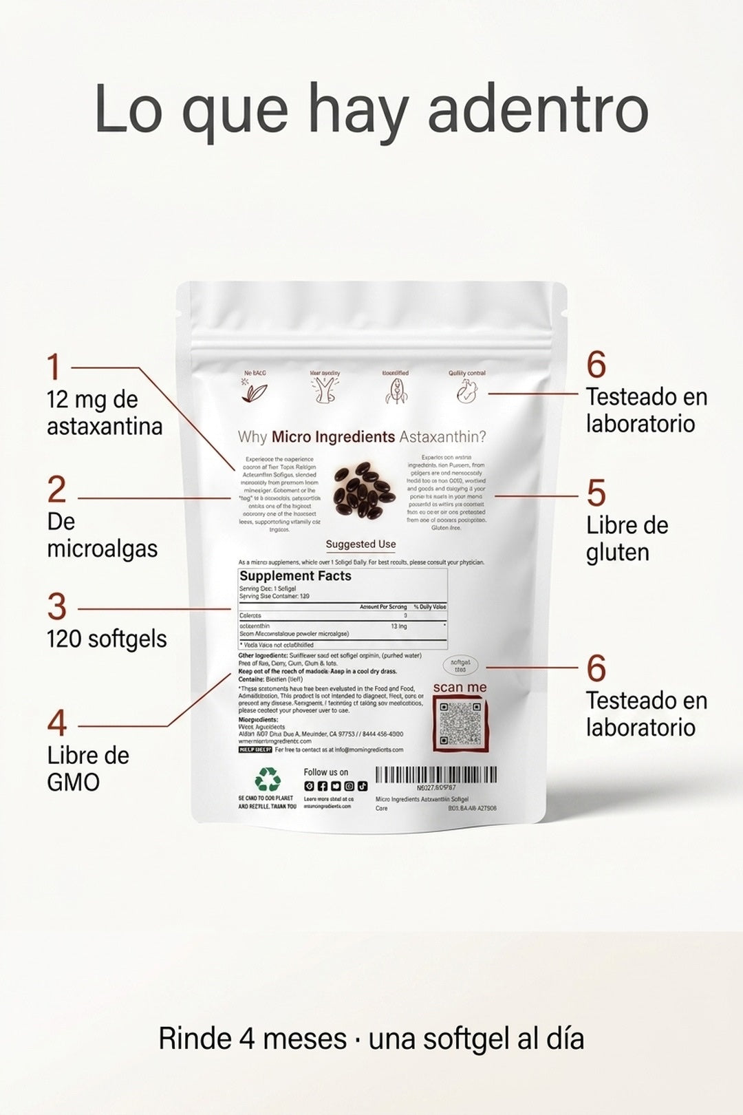 Ficha: 12 mg, de microalgas, 120 softgels, libre de GMO y gluten
