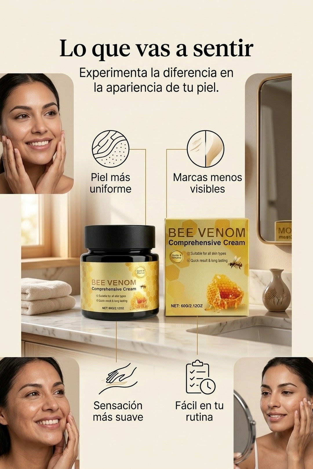 Beneficios: piel mas uniforme, marcas menos visibles, sensacion mas suave