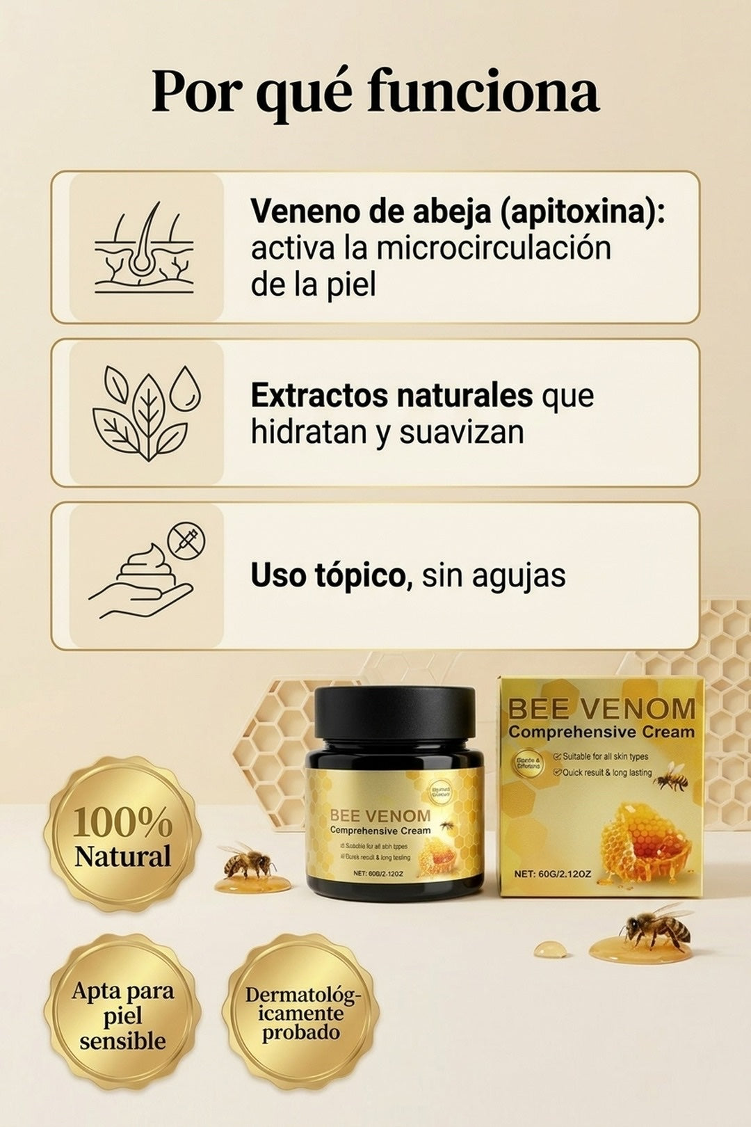 Por que funciona: veneno de abeja (apitoxina) y extractos naturales