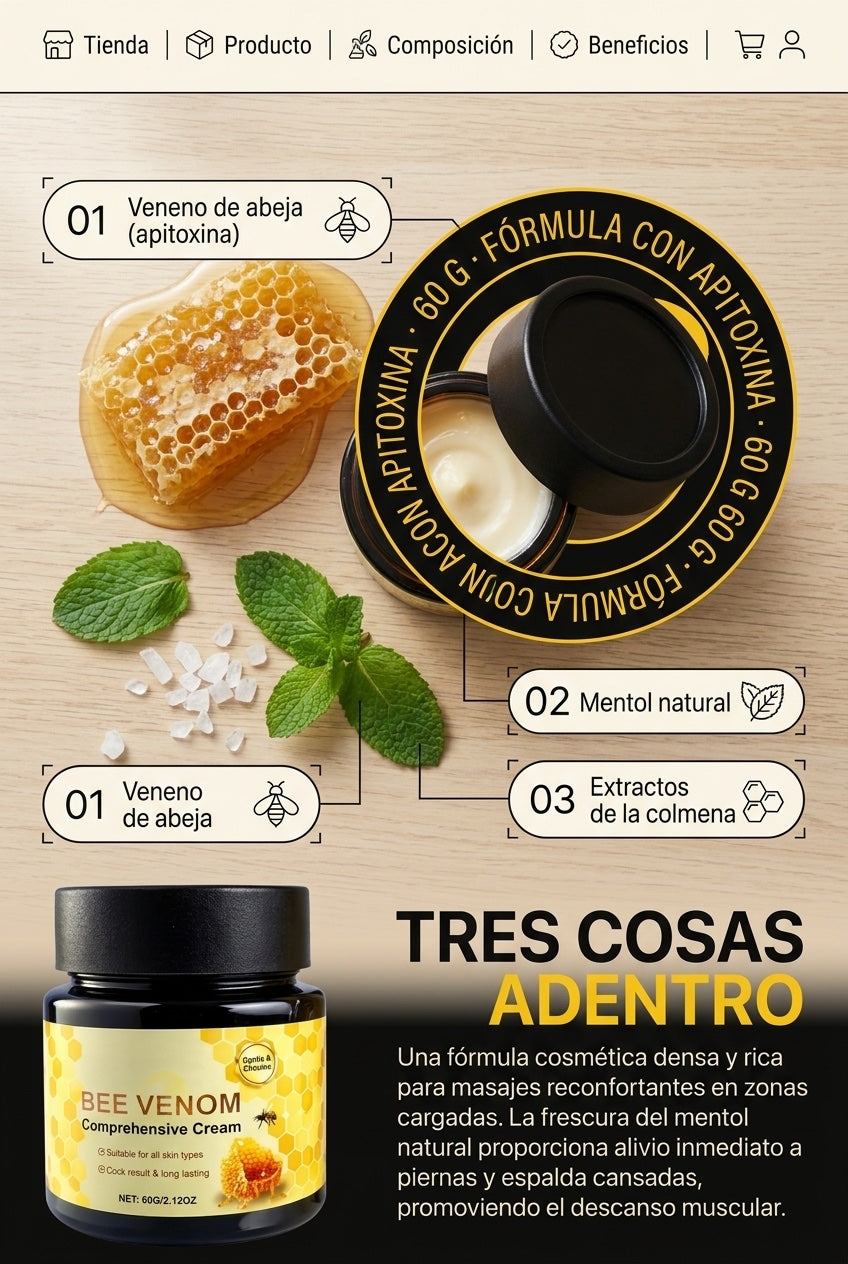 Veneno de abeja, mentol natural y extractos de la colmena