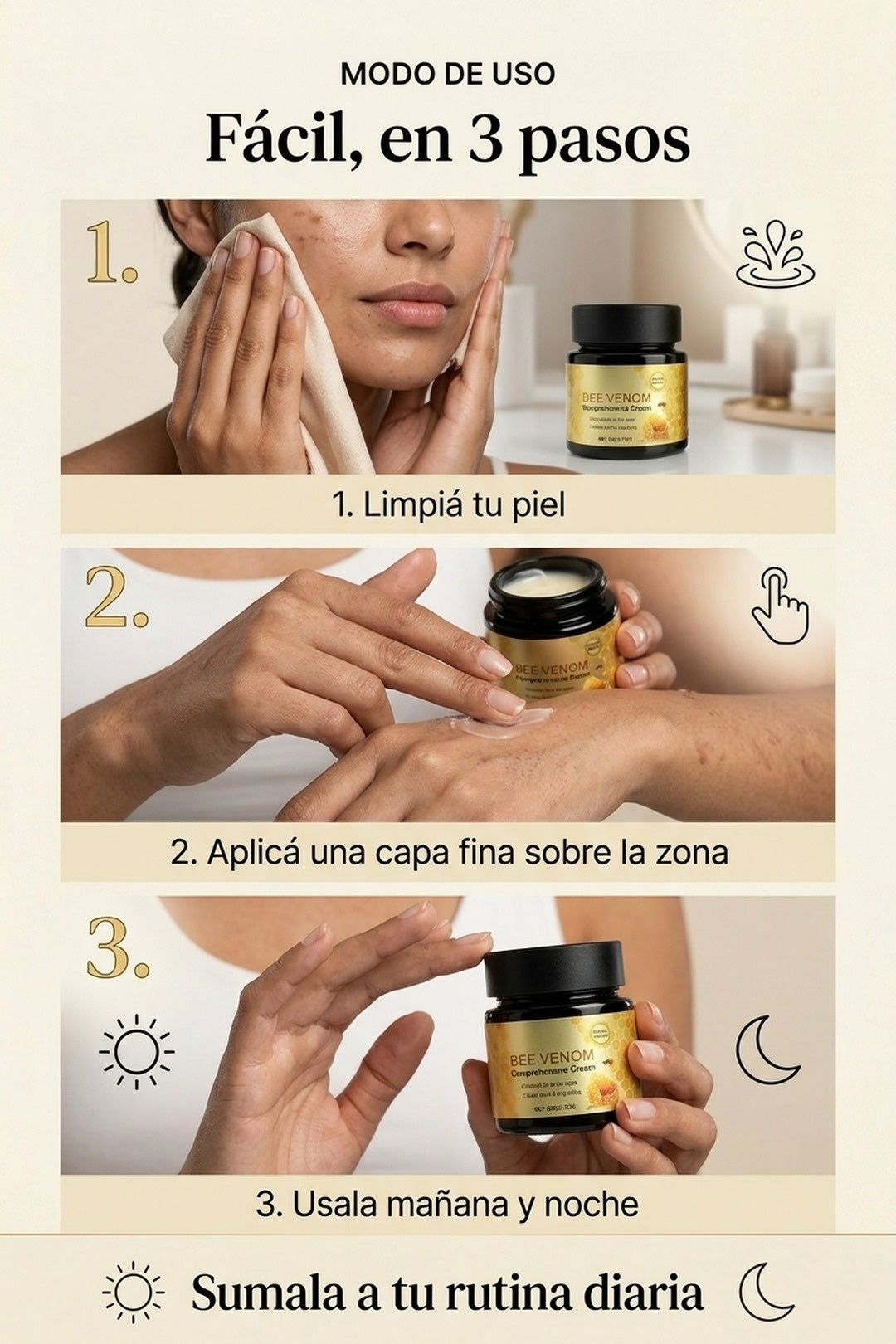 Como se usa: limpia, aplica una capa fina, manana y noche