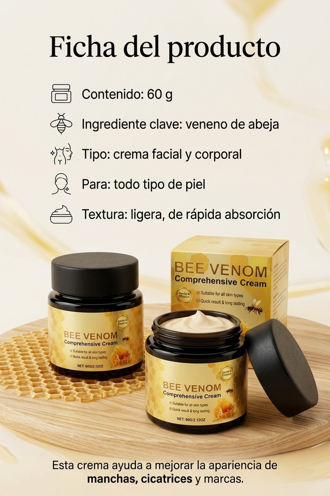 Ficha: crema de 60g, veneno de abeja, para todo tipo de piel