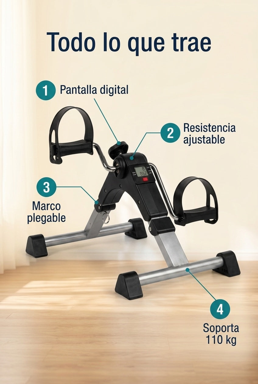 Todo lo que trae: pantalla digital, resistencia ajustable, plegable, soporta 110 kg