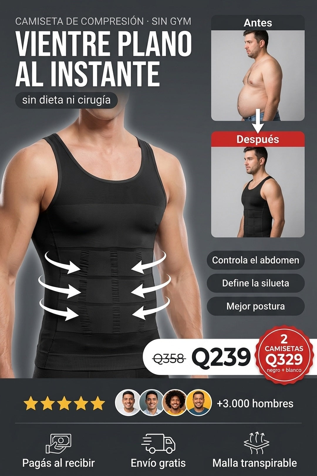 Camiseta de compresión masculina · vientre plano al instante