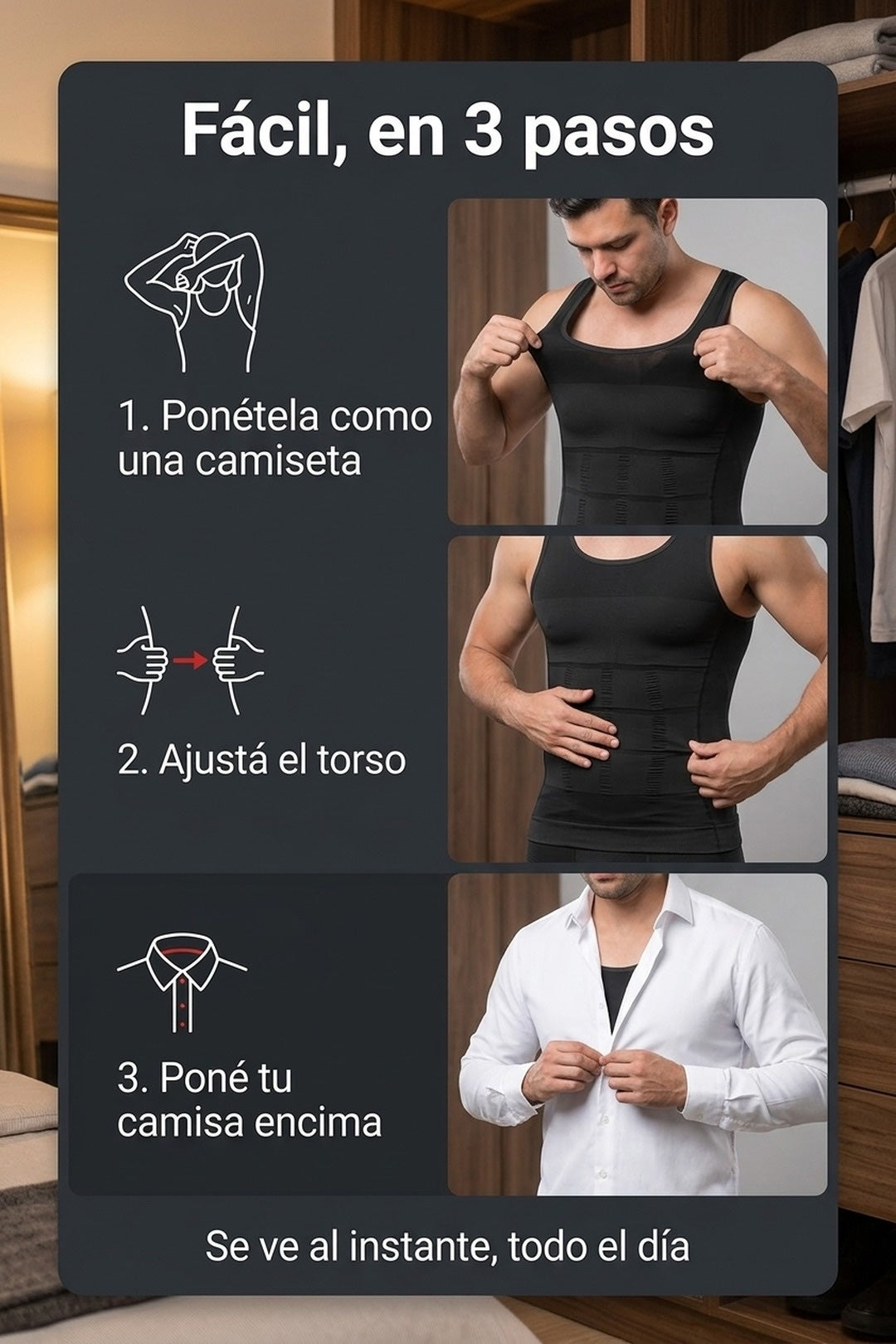 Fácil: te la ponés bajo la camisa y se te ve al instante