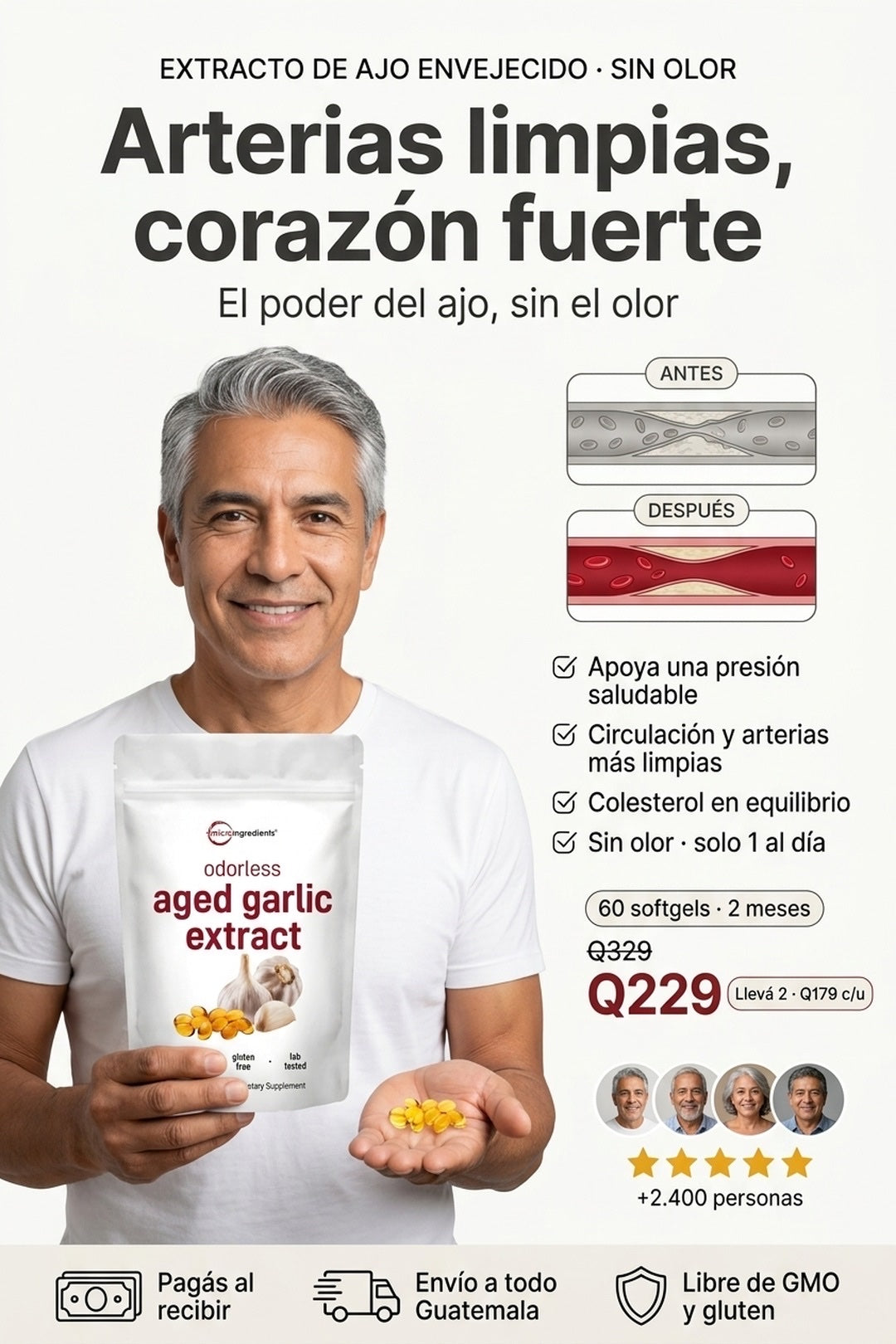 Aged Garlic Extract · arterias limpias, corazón fuerte, sin olor