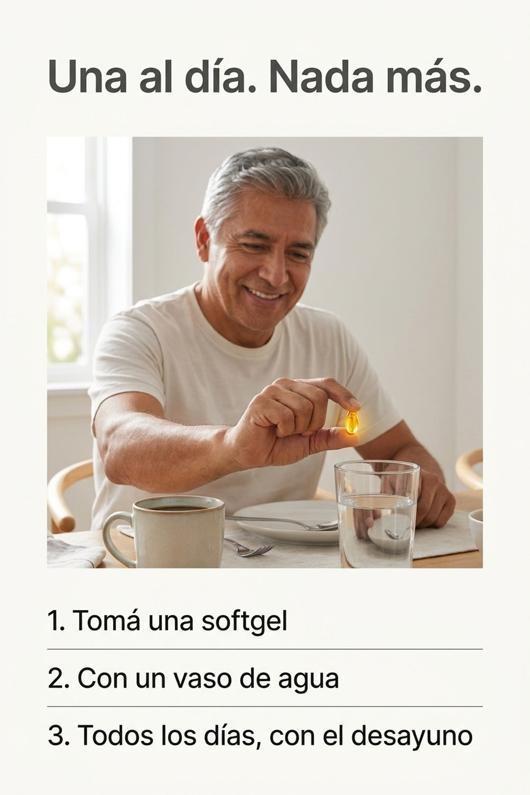 Una softgel al día con un vaso de agua