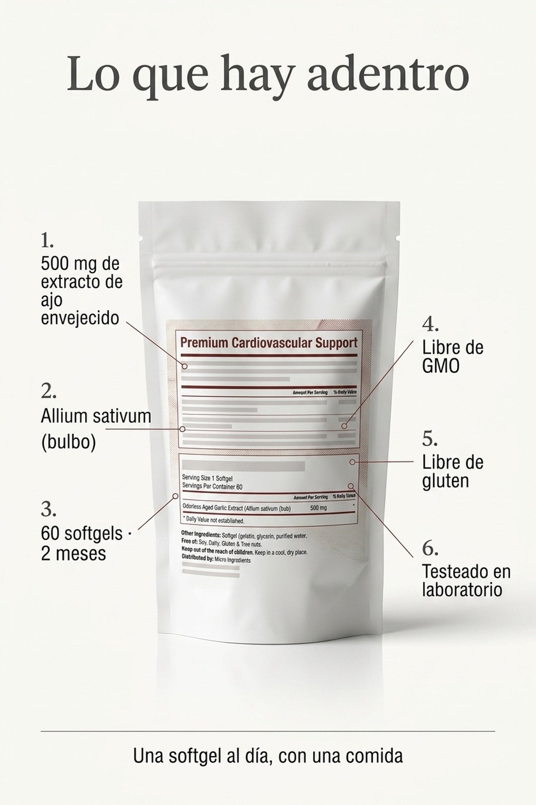Ficha: 500 mg, ajo envejecido, 60 softgels, libre de GMO y gluten