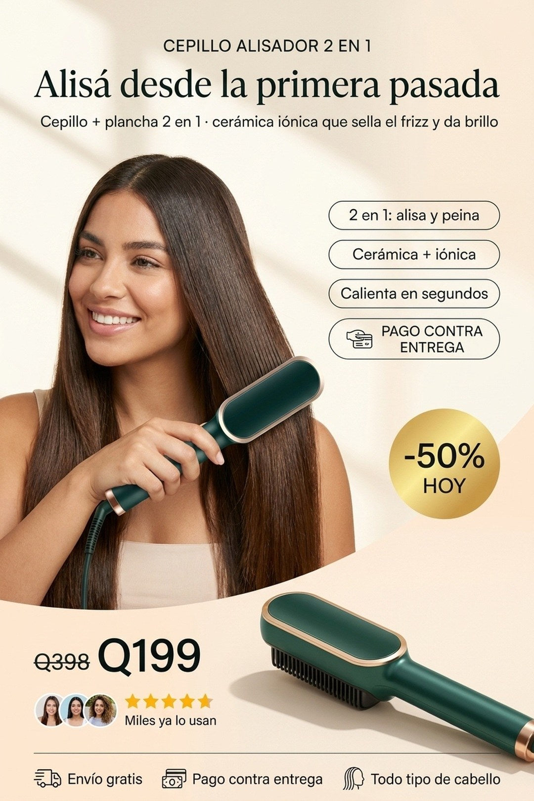 Cepillo alisador 2 en 1, alisa y peina desde la primera pasada