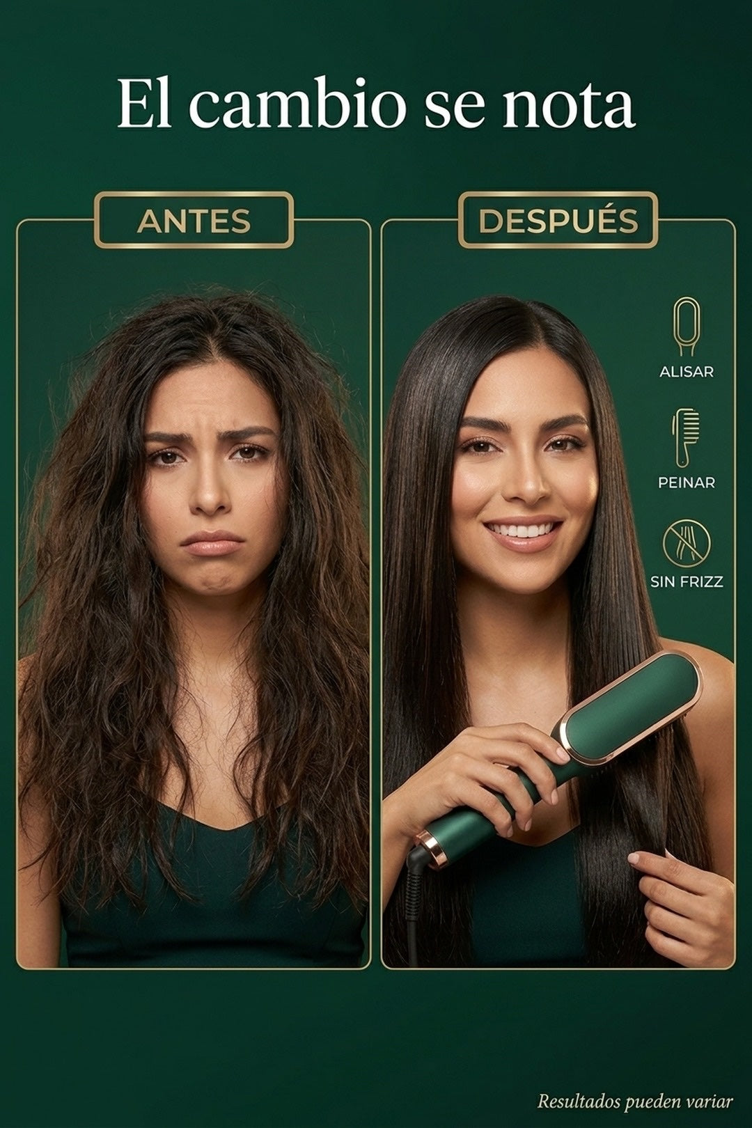 Antes y despues: de frizz a cabello lacio y brillante con el cepillo 2 en 1