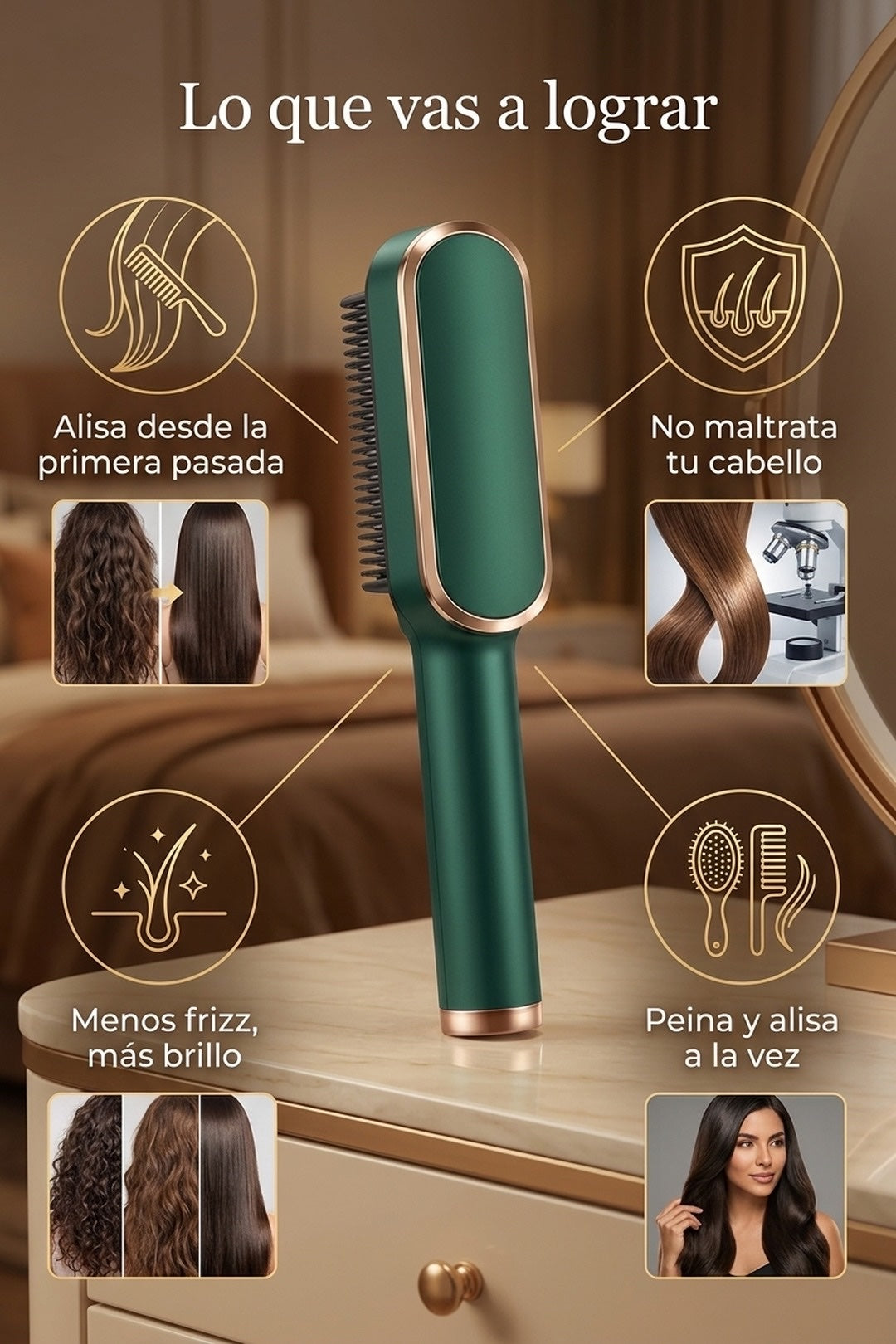 Beneficios: alisa desde la primera pasada, no maltrata, peina y alisa, menos frizz