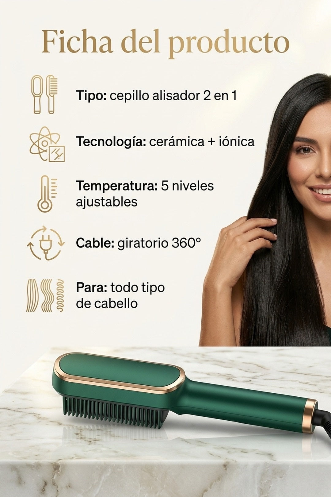 Ficha: cepillo alisador 2 en 1, ceramica e ionico, 5 niveles, cable giratorio 360