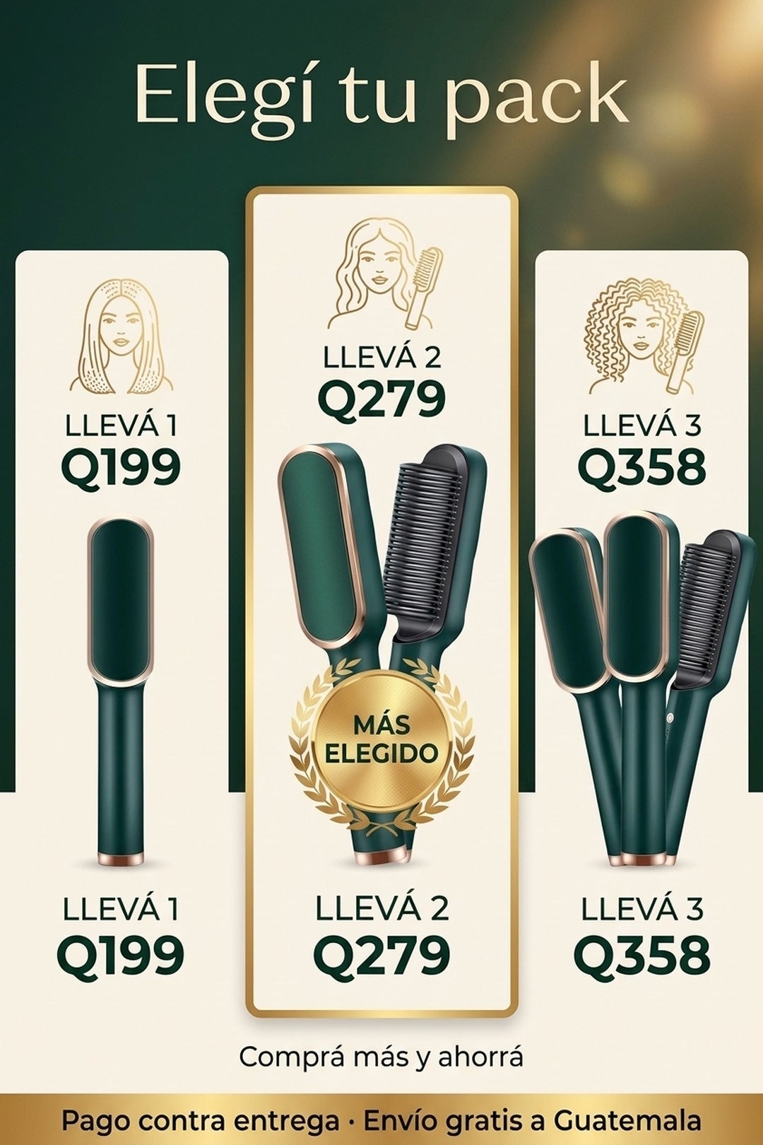 Packs cepillo 2 en 1: lleva 1 Q249, lleva 2 Q329, lleva 3 Q408, con tónico capilar de regalo, pago contra entrega
