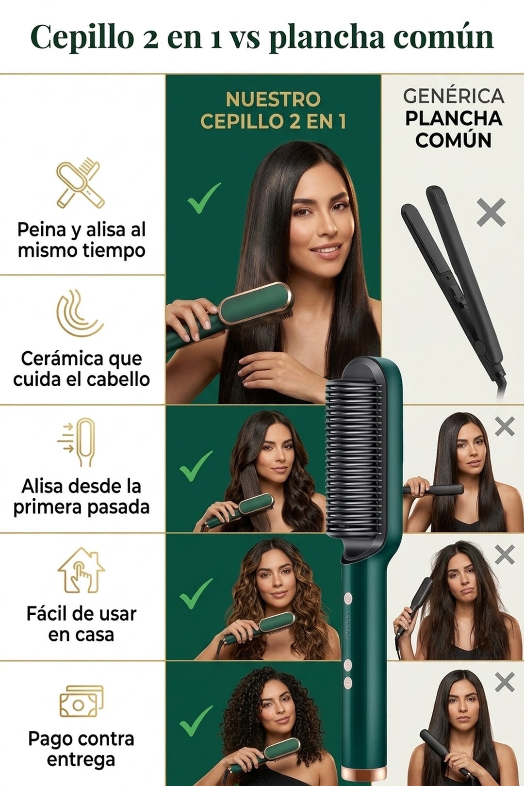 Cepillo 2 en 1 vs plancha comun: peina y alisa, ceramica que cuida el cabello