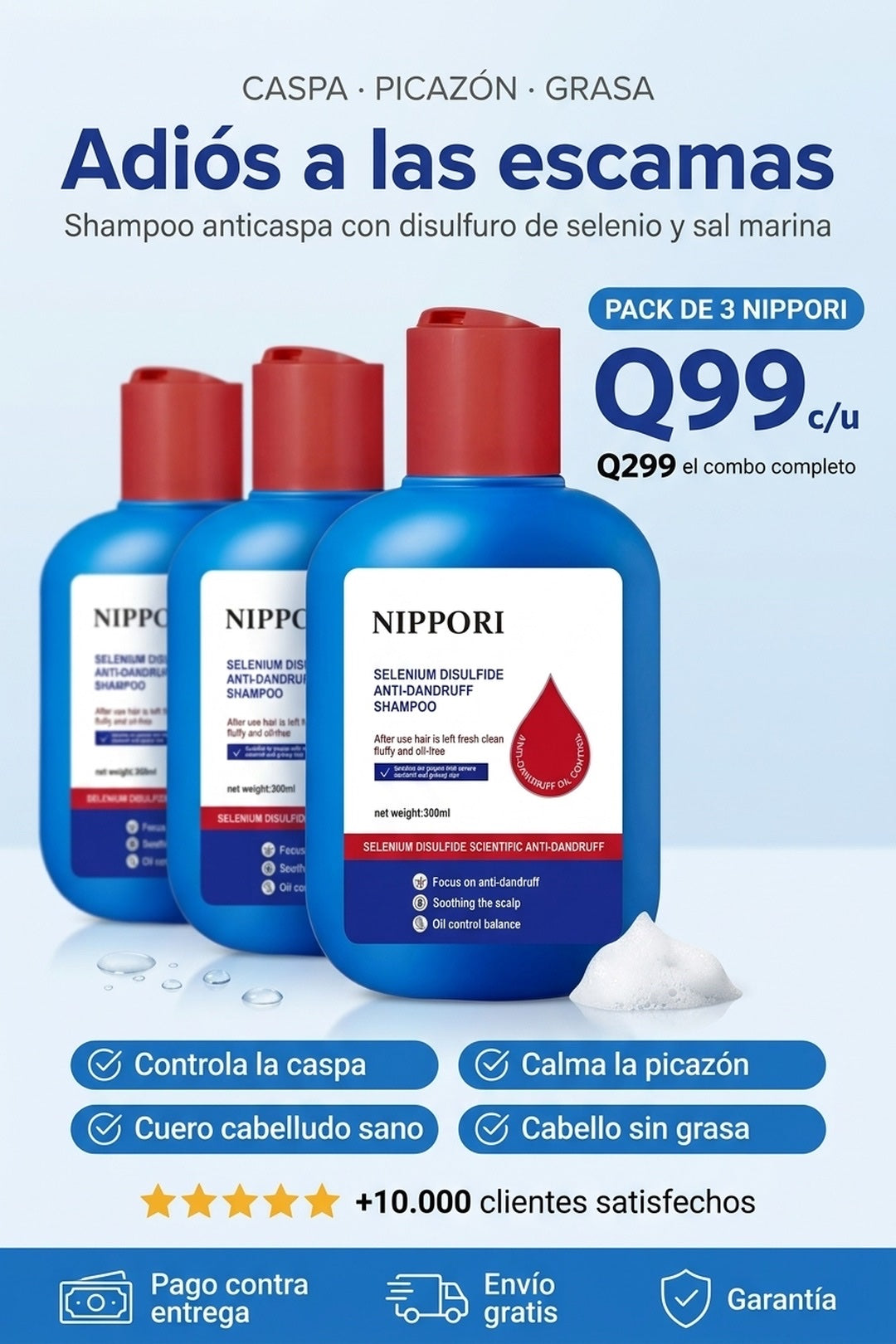 Pack de 3 NIPPORI shampoo anticaspa, Q99 cada uno, adios a las escamas