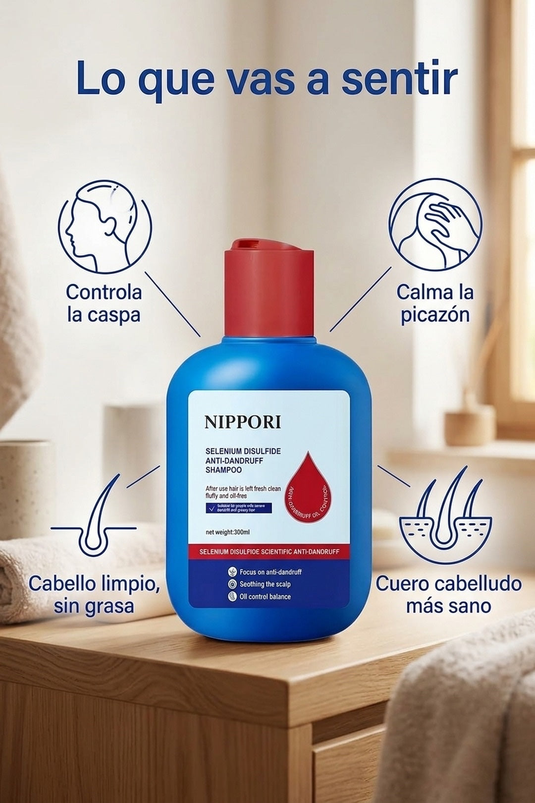 Beneficios: controla la caspa, calma la picazon, cuero cabelludo sano, cabello sin grasa