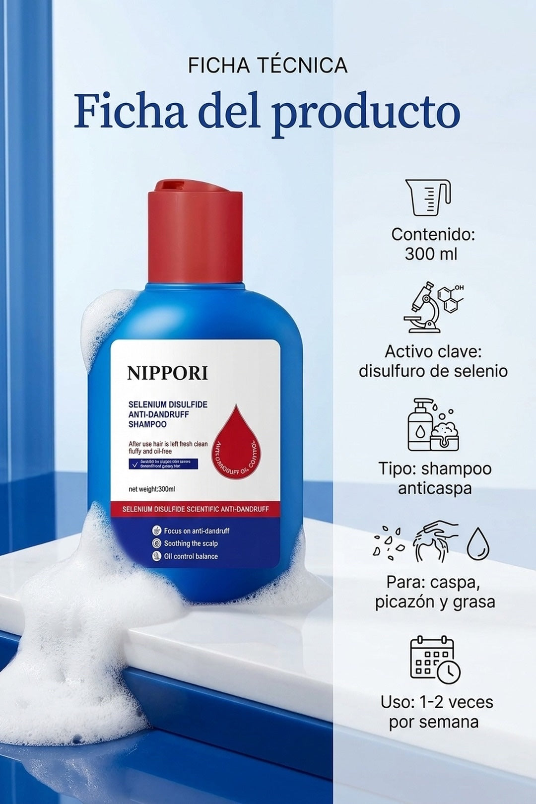 Ficha: shampoo anticaspa de 300ml, disulfuro de selenio, para caspa picazon y grasa