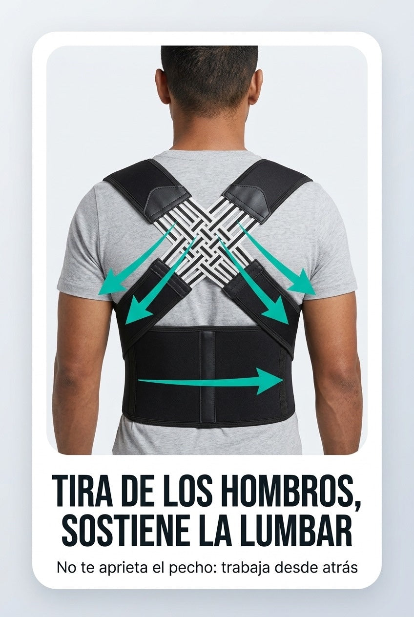 Cómo trabaja: tira de los hombros y sostiene la lumbar