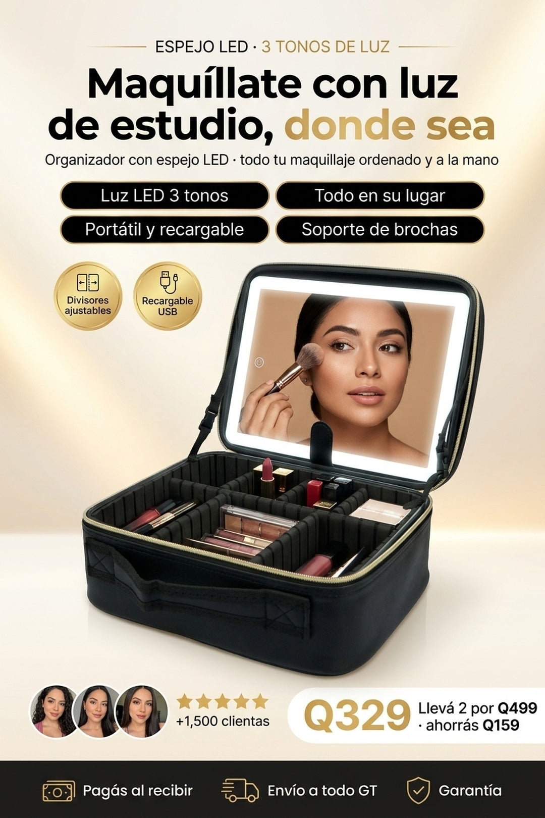 Cosmetiquera LED · maquíllate con luz de estudio, donde sea