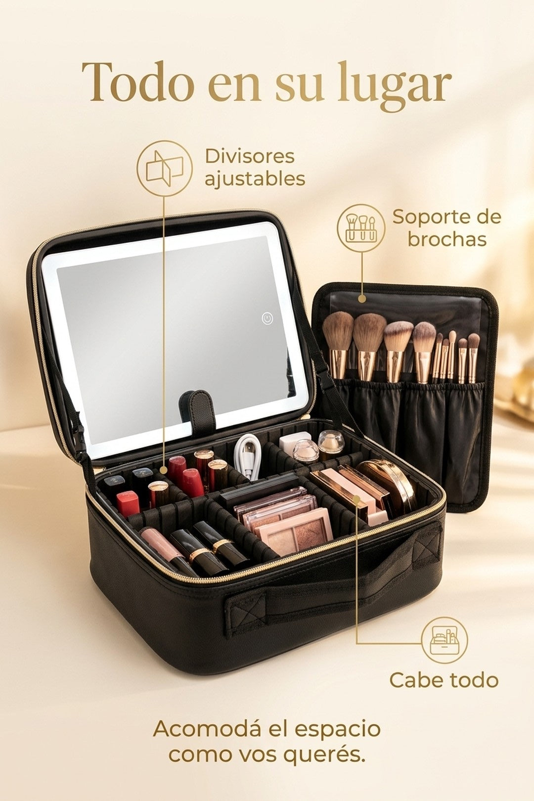 Todo tu maquillaje ordenado: divisores ajustables y soporte de brochas