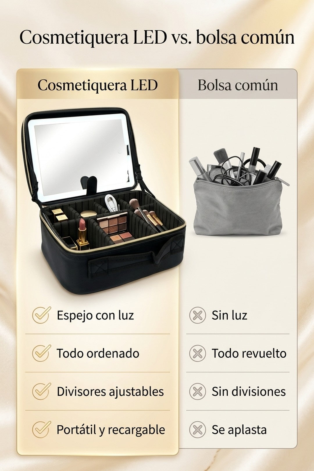 Cosmetiquera LED vs. bolsa de maquillaje común