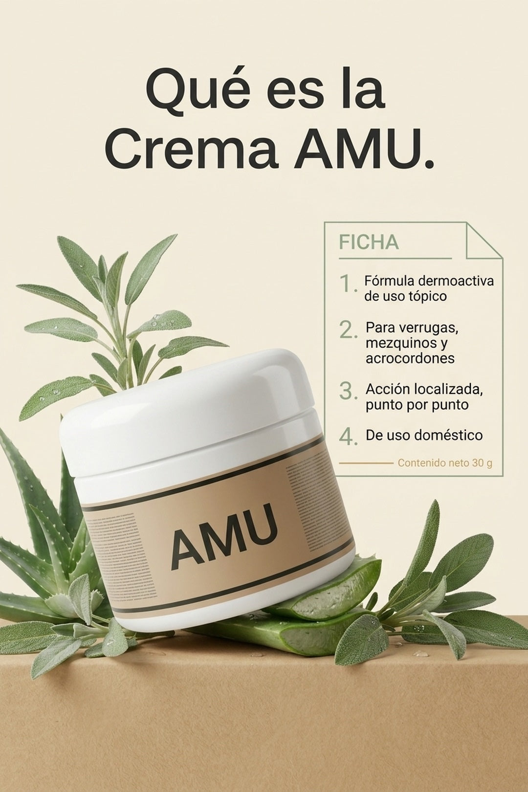 Qué es la Crema AMU · fórmula dermoactiva de uso doméstico, 30 g
