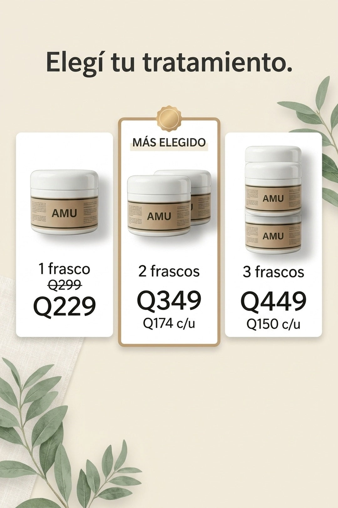Oferta Crema AMU · 1, 2 o 3 frascos con descuento, pago contra entrega