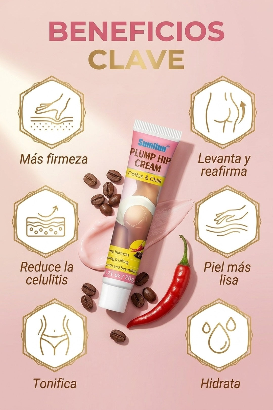 Beneficios: más firmeza, levanta, reduce la celulitis, piel más lisa y tonificada