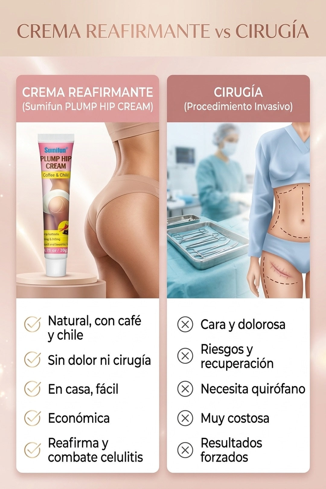 Crema reafirmante natural vs cirugía: sin dolor, sin quirófano, económica