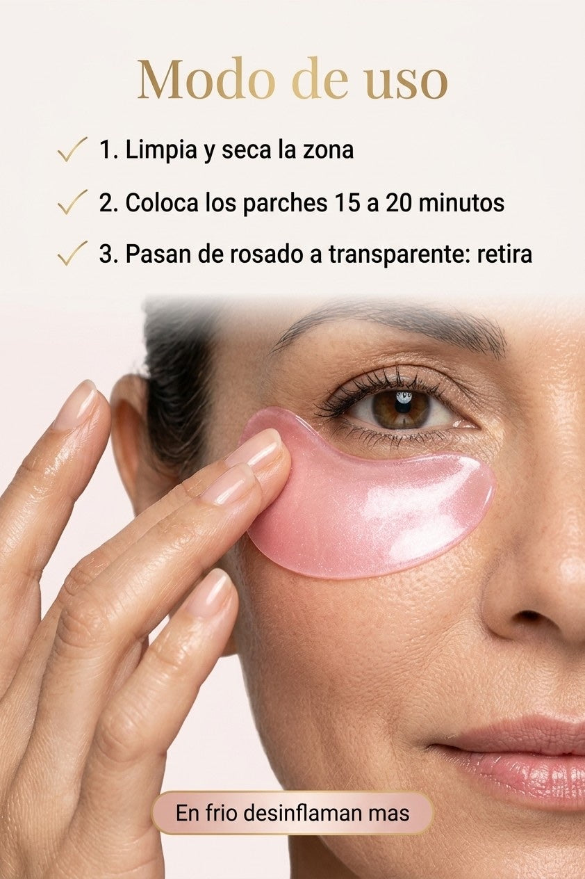 Modo de uso: aplicá los parches 15 a 20 minutos bajo los ojos
