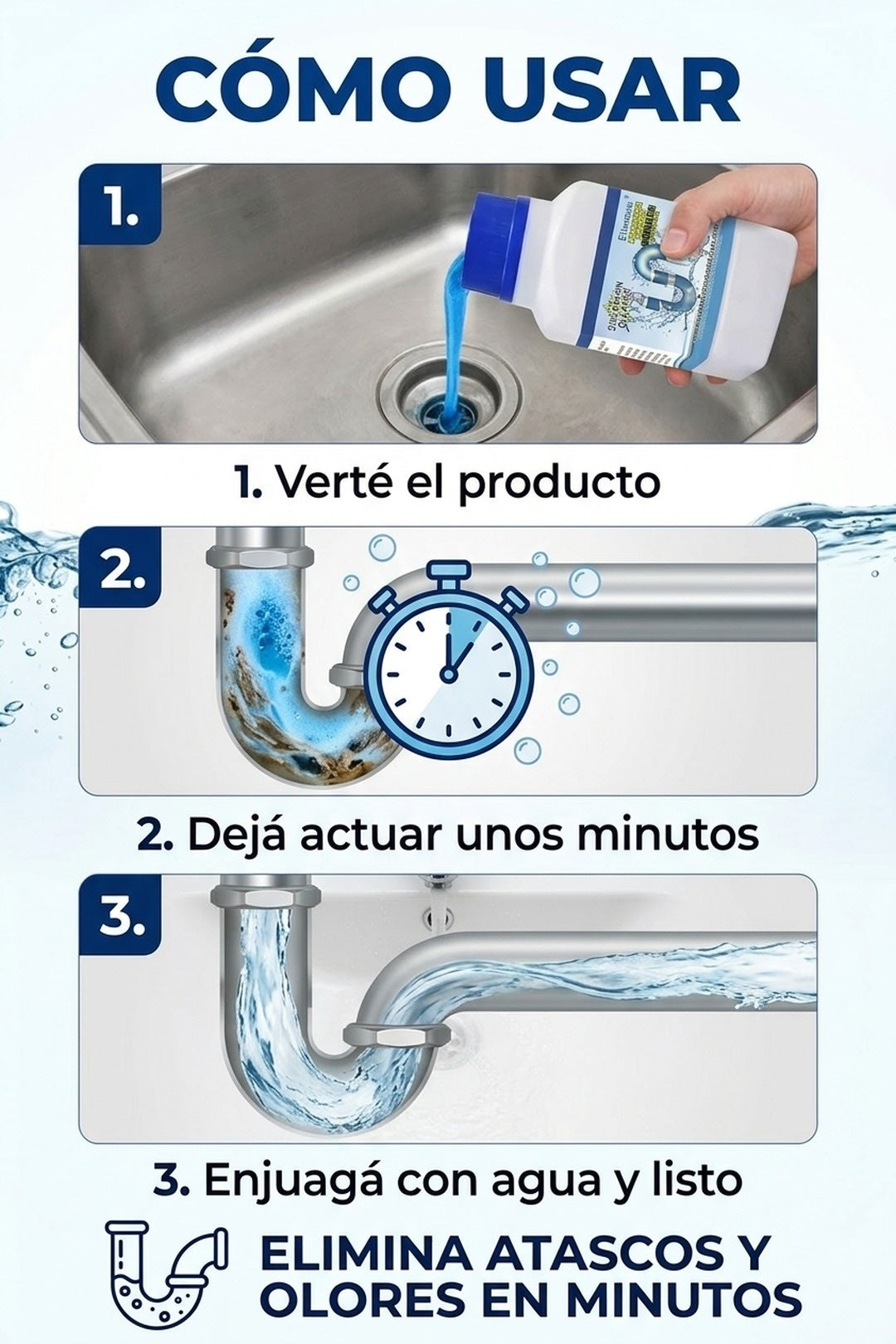 Modo de uso: verté el producto, dejá actuar unos minutos y enjuagá