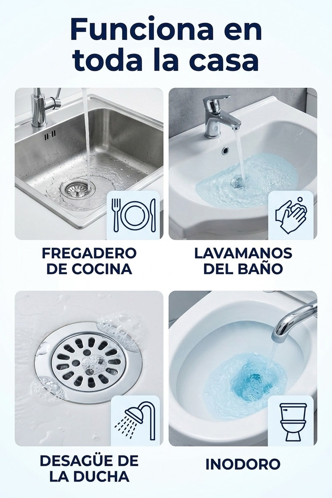 Funciona en toda la casa: cocina, baño, ducha e inodoro