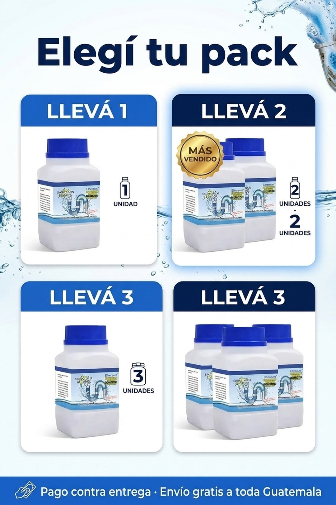 Oferta Destapador de Tuberías · 1, 2 o 3 botellas, pago contra entrega