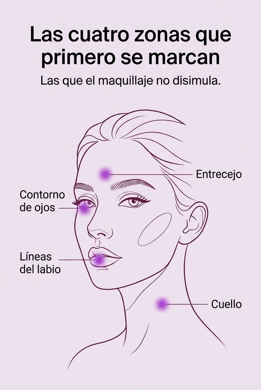 Las cuatro zonas que primero se marcan: ojos, labio, entrecejo y cuello