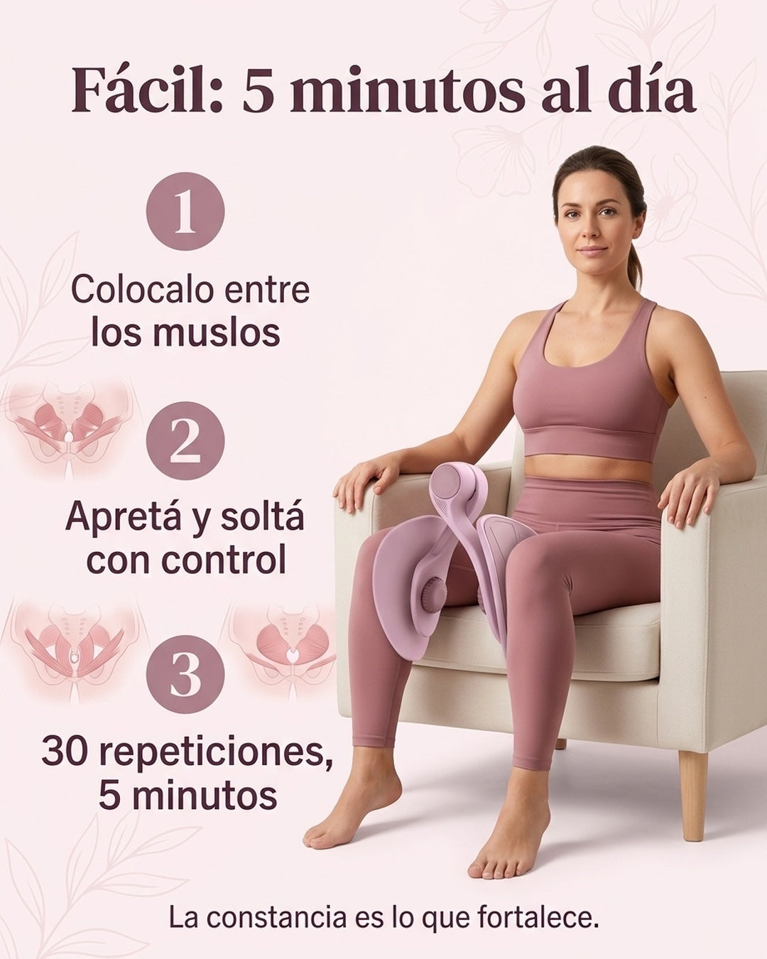 Cómo se usa: 5 minutos al día, apretás y soltás entre los muslos