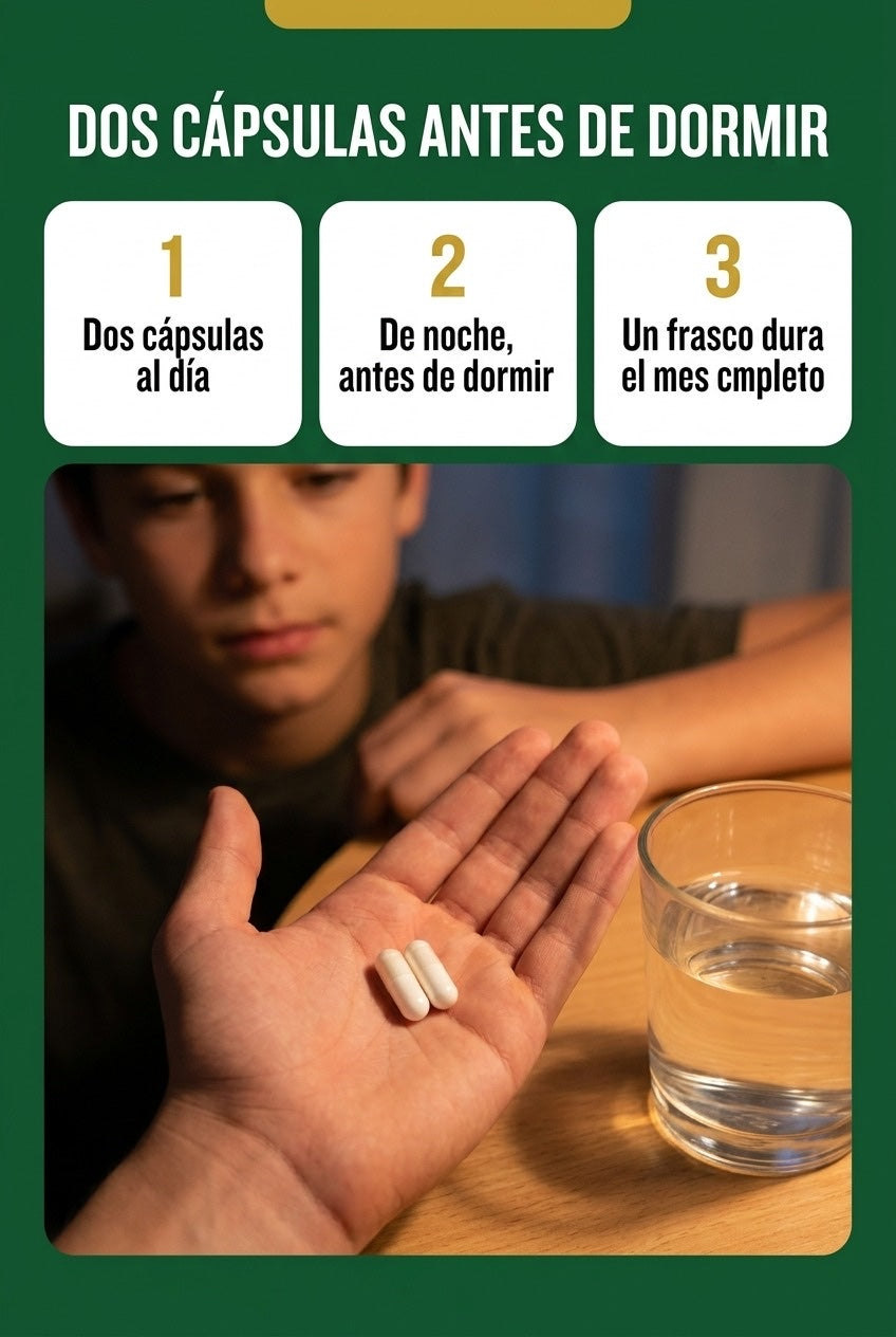Modo de uso: dos cápsulas al día, de noche antes de dormir