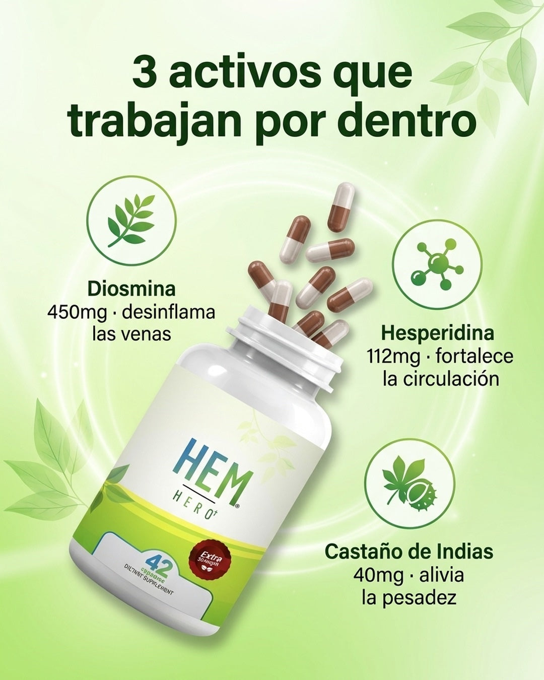 3 activos que trabajan por dentro: Diosmina, Hesperidina y Castaño de Indias