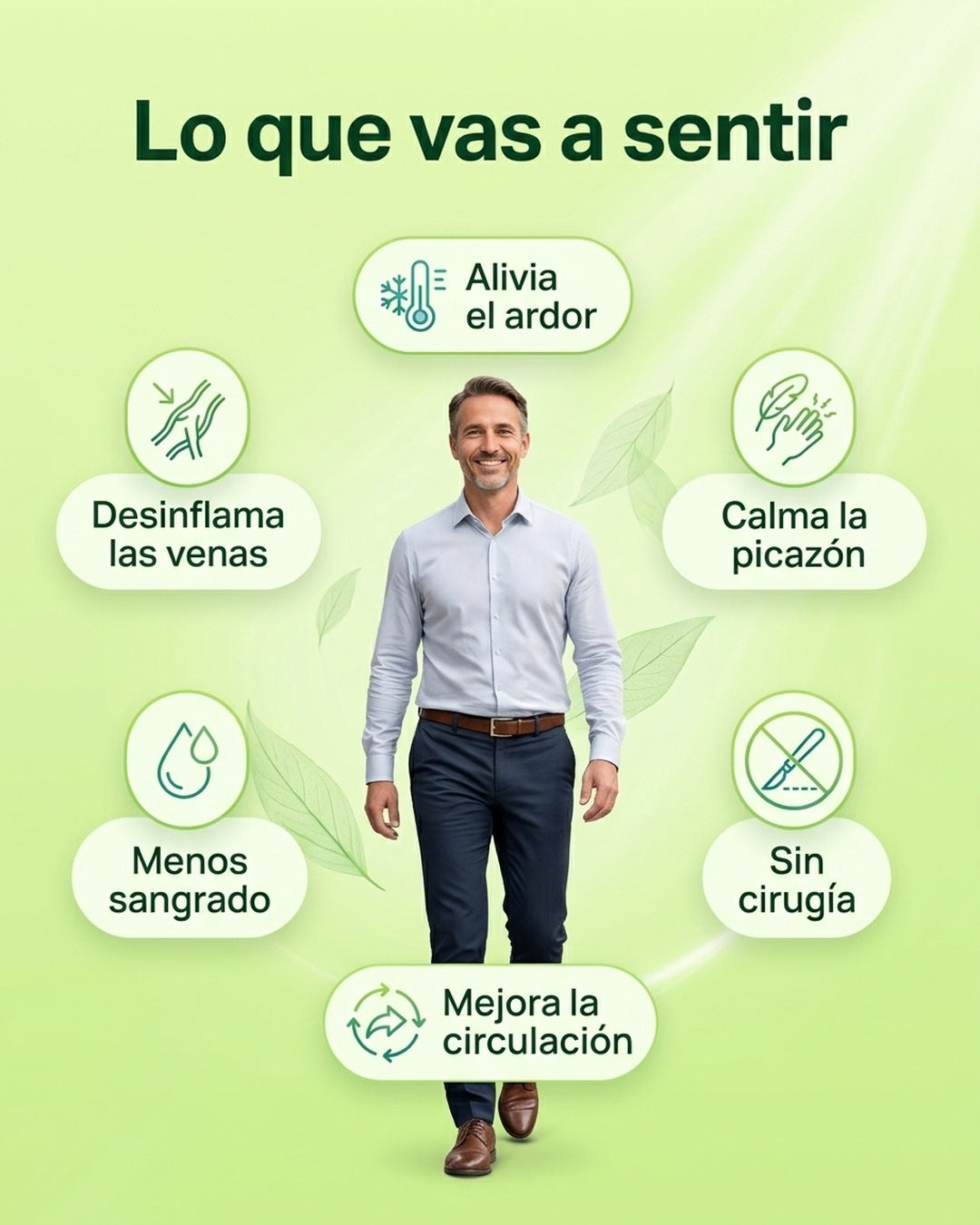 Beneficios: desinflama las venas, alivia el ardor y la picazón, sin cirugía