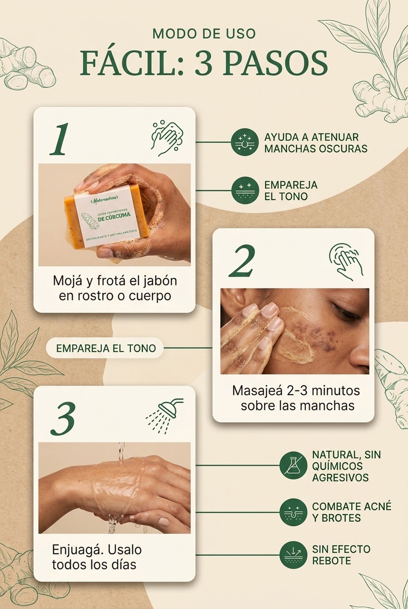 Modo de uso: frotá, masajeá y enjuagá