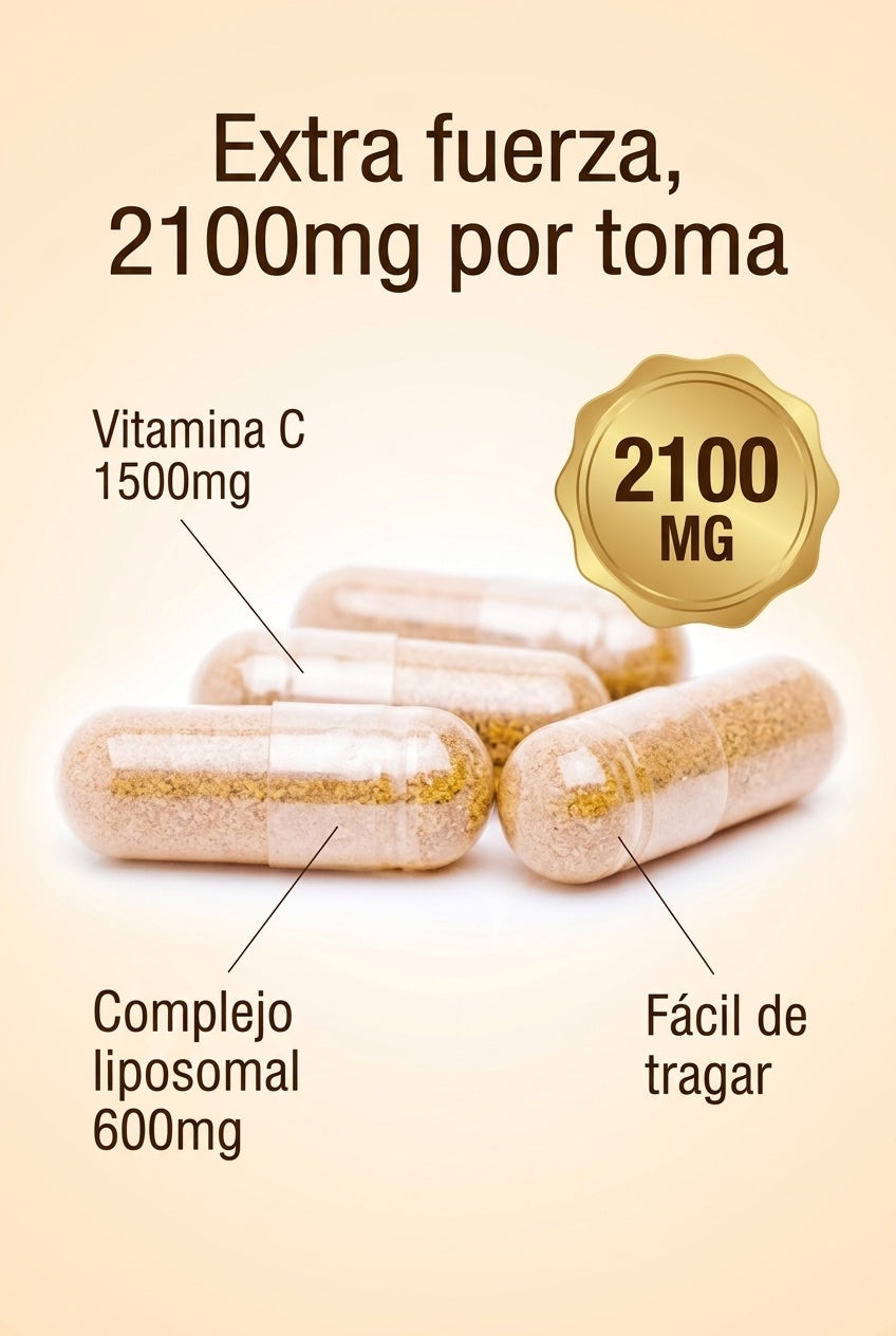 Extra fuerza 2100mg por toma: 1500mg vitamina C + 600mg complejo liposomal